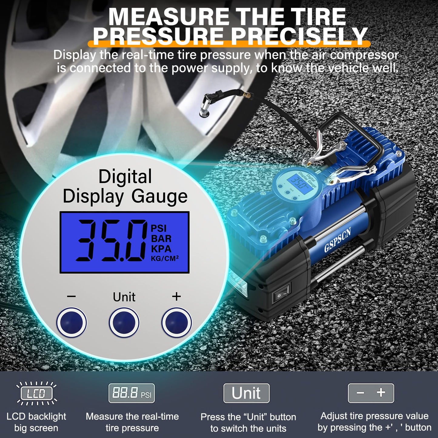 GSPSCN Portable Air Compressor Pump Tire Inflator with Digital Gauge, Heavy Duty Double Cylinder 12V Tire Pump 150 PSI with Tire Repair Kit and Toolbox for Auto,SUV,Off-Road,Truck,Bike (Blue)