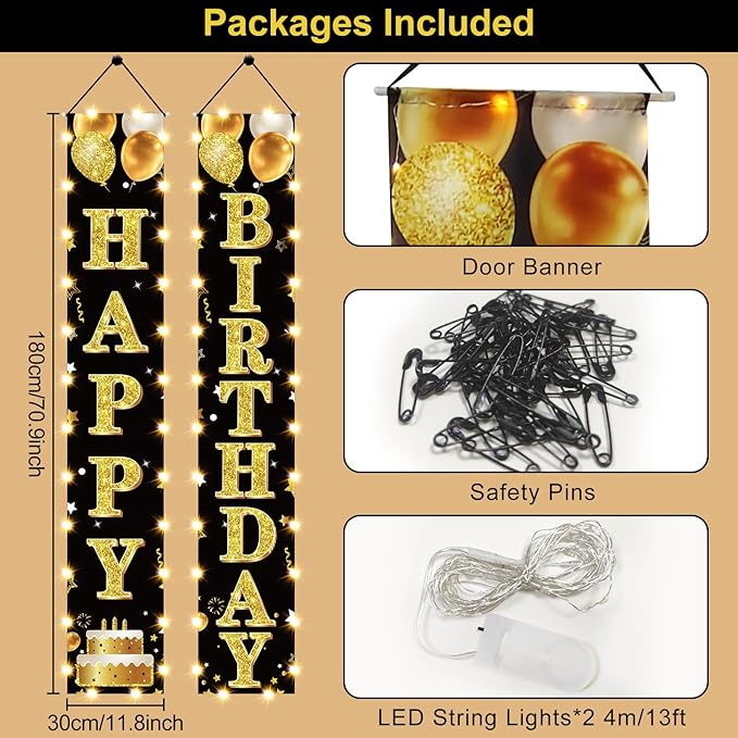 Birthday Lighted Banner Decorations for Men Women - Black Gold Happy Birthday Porch Sign with LED Light Party Supplies, 16th 21st 30th 40th 50th 60th 70th 80th 90th Bday for Indoor Outdoor