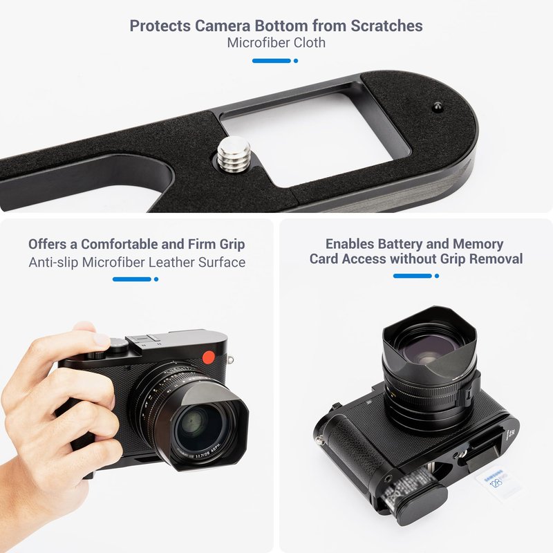JJC Metal Hand Grip Handgrip Secure Handle Bracket for Leica Q3/Q3 43 Cameras, Anti-Slip Pads, Arca Swiss Quick Release Plate, 1/4"-20 Tripod Hole & Hand Strap Hole, No Effect on Battery & Card Use
