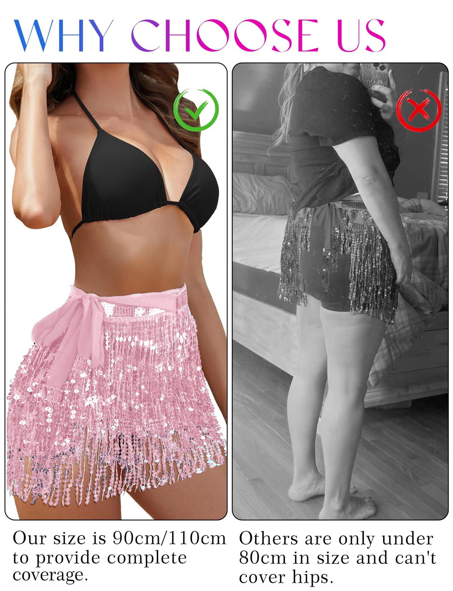Sequin Tassel Skirt Belly Dance Hip Scarf Wrap Sparkly Tinsel Fringe Skirt Rave Festival Outfit Halloween Costume for Women Glitter Hannah Montana Preppy Cowgirl Disco Sequence Shimmer Cloth Pink 90