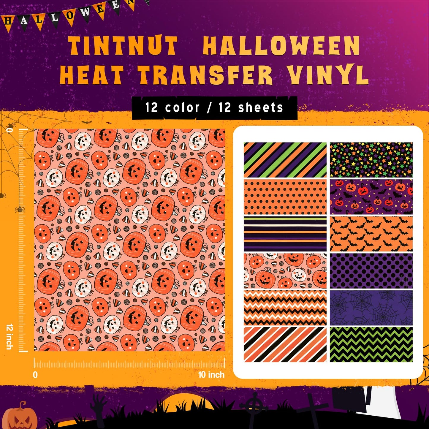 Tintnut Halloween HTV - 12 Sheets 12 X 10inches Heat Transfer Vinyl Orange Purple Green Iron On Vinyl for T-Shirts DIY Compatible with Cricut or Silhoutte Cameo
