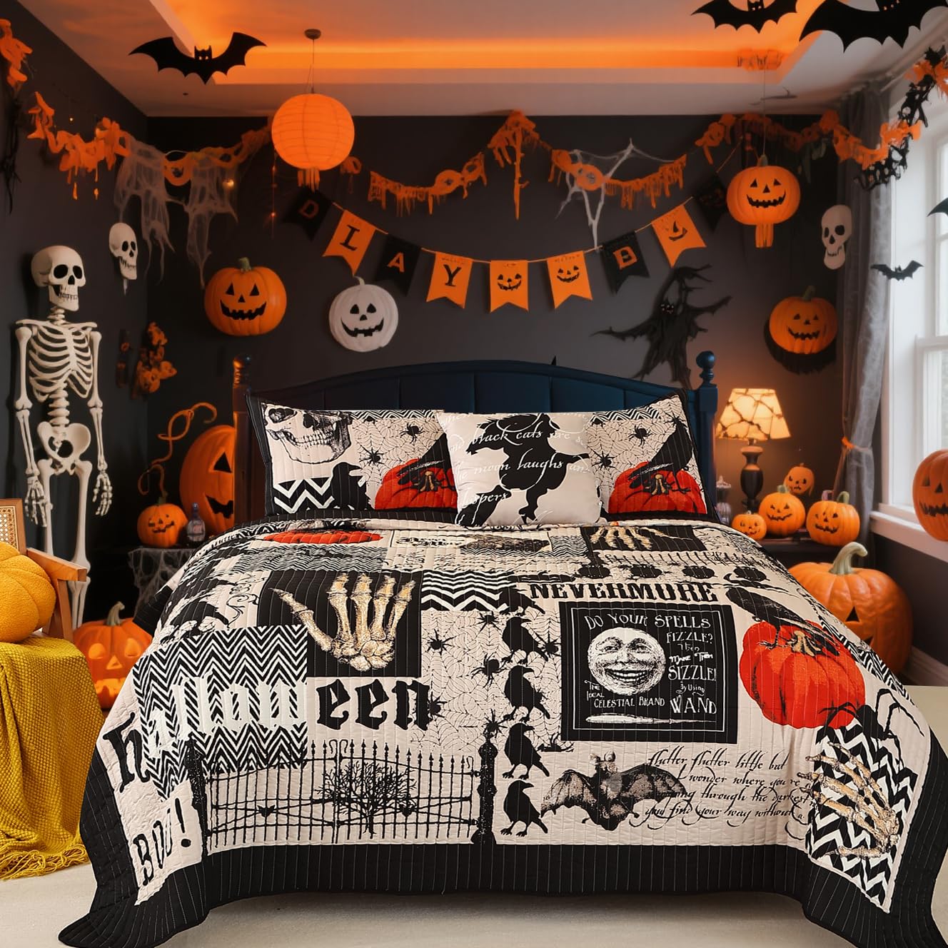 EVENHUG Halloween Quilt Set King Size Bedspread with Pillow Shams Festival Themed Bedding Sets Pumpkin Ghost Coverlet 4 Piece (104"x90")