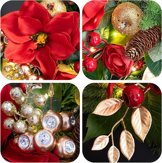24 Inch Magnolia Christmas Wreath for Front Door, Christmas Wreath with LED Lights, Red Flowers, Red Berries, Pinecones Christmas Decorations，Winter Door Wreath for Wall Window Indoor or Outdoor