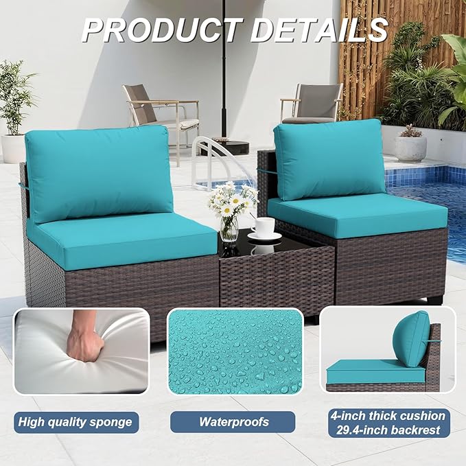 ALAULM 14 Pieces Outdoor Patio Furniture Set Sectional Sofa Sets Brown PE Rattan Patio Conversation Set w/12 Blue Seat Cushions and 2 Coffee Tables