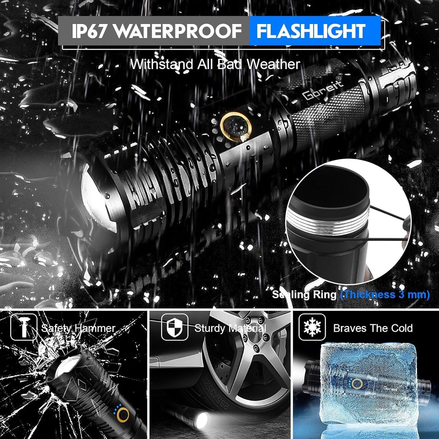 Goreit Flashlights LED High Lumens Rechargeable, 2000 Lumens XHP70.2 Super Bright Flashlight, Flash Light Battery Powered, Powerful Handheld Flashlight with Holster for Emergency Camping Hiking Gift