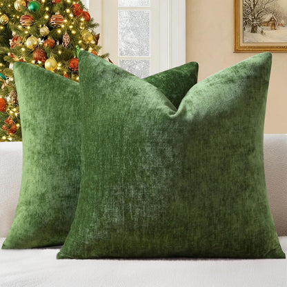 decorUhome Chenille Moss Green Christmas Throw Pillow Covers 18x18 Inch Set of 2, Decorative Soft Couch Pillow Covers Solid Dyed Accent Farmhouse Neutral Square Pillow Cases for Sofa
