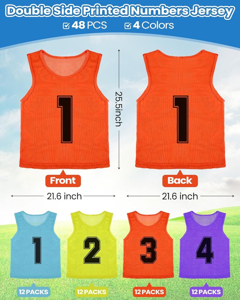 Suhine Youth Basketball Pinnies - 48 Pcs Nylon Mesh Scrimmage Vests | Numbered Practice Jerseys