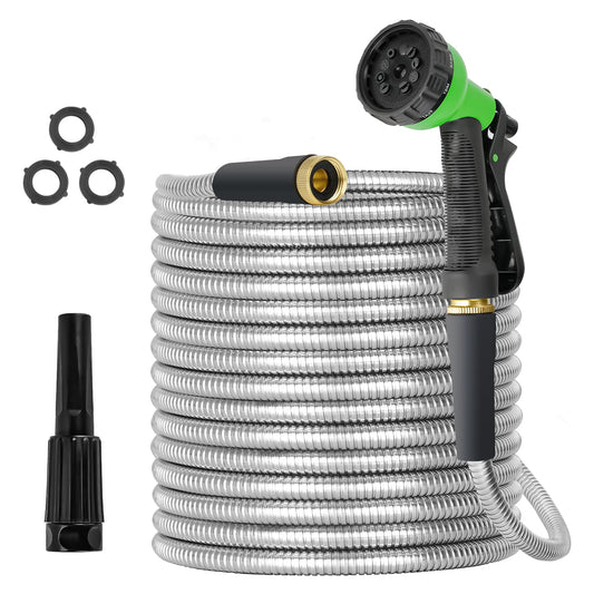 TVKB Metal Garden Hose 150ft Stainless Steel Water Hose Super Tough Flexible Water Pipe with 3/4 inch Brass Fittings and Sprayer Nozzle, Kink & Tangle Free, Rust Proof