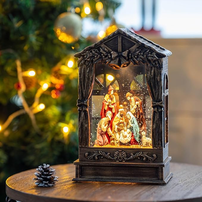 Three Kings Three Saints Window Christmas Snow Globe Swirling Glittering Nativity Figurines Manger Scene, USB Lined/Battery Operated Lighted Water Lantern for Christmas Festival Decoration Gifts