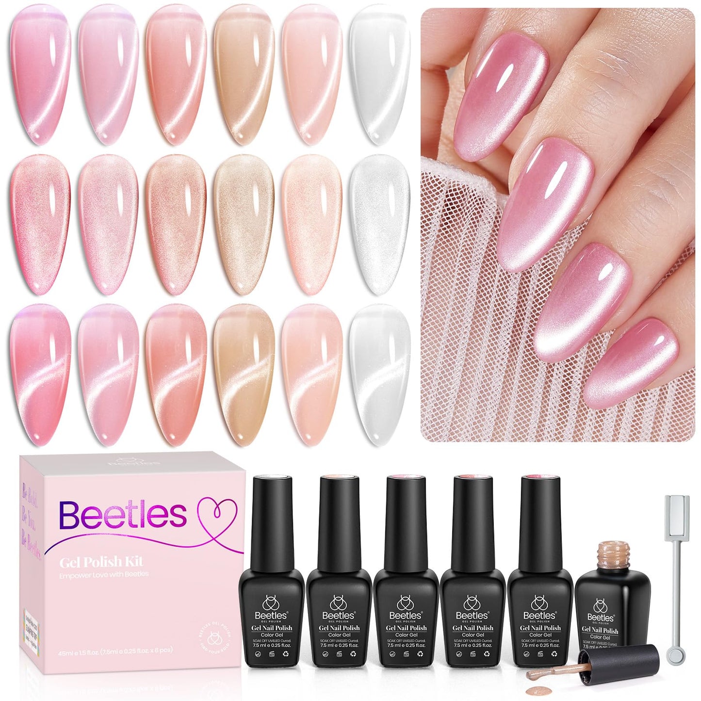 Beetles Cat Eye Gel Nail Polish Set, 6 Summer Colors Pastel Shimmer Glitter Gel Polish Kit Soak Off LED UV Curing Requires Pink Red Blue Orange Green Purple Velvet Gel with Magnet Gift for Women