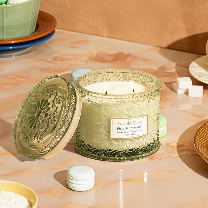 LA JOLIE MUSE Pistachio Macaron Candle | Pistachio, Milk & Vanilla | 12 oz Double Wick Soy Candle | Natural Soy Wax | 60 Hours Clean Burn | Holiday Gift for Dessert Lovers | Seasonal Home Décor