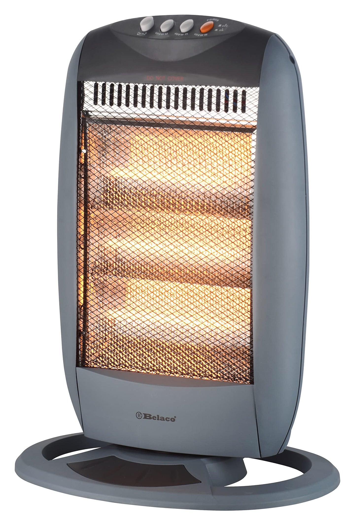 Belaco Halogen electric Heater portable heater with 3 Heat Settings 3 Bar resistant base 1200W 90 Degree Oscillation Compact Carry Handle Safety Tip Over Switch Gray