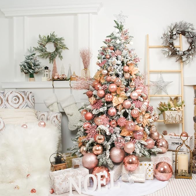 XmasExp 4ct Christmas Ball Ornaments Set -Large Clear Plastic Shatterproof Xmas Tree Ball Hanging Baubles Stuffed Delicate Glittering for Holiday Wedding Xmas Party Decoration (100mm/3.94",Rose Gold)