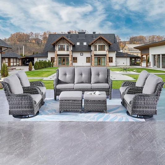 Rilyson Wicker Patio Furniture Set - 7 Piece Rattan Outdoor Sectional Conversation Sets with 4 Swivel Rocking Chairs,2 Ottomans and 1 Sofa for Porch Deck Garden(Mixed Grey/Grey)