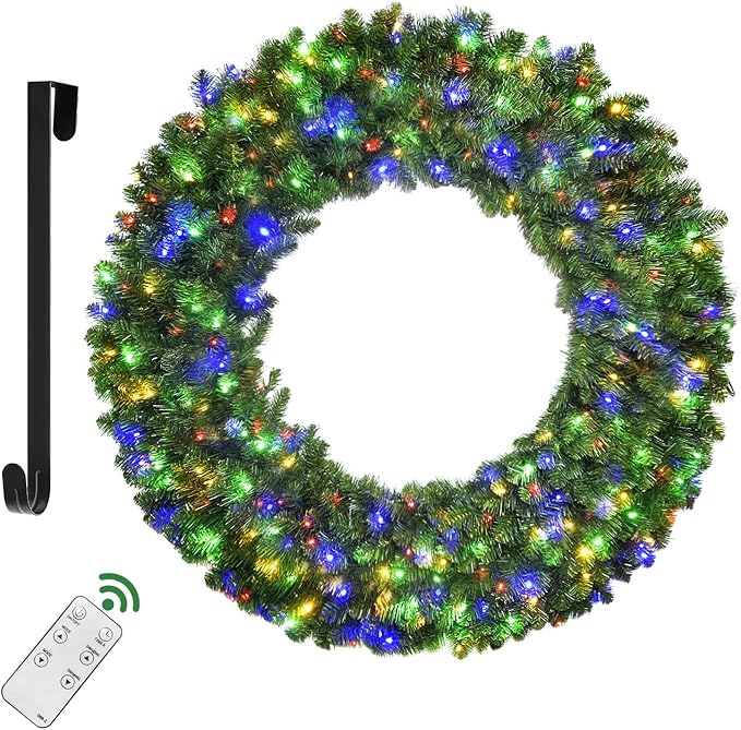 60in Large Christmas Wreath - HOYECHI Lighted Wreaths Holiday Decor, Outdoor Wreath with 300 Colorful LEDs, 930 PVC Tips, Metal Hook, 9 Functions, Timer, Power Plug-in, Remote Controls
