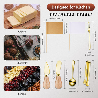 Charcuterie Board Accessories Spreader Knife Set Cheese Butter Spreader Knife Charcuterie Utensils with Wooden Handles Mini Serving Tongs Spoons Forks for party Wedding Christmas (Gold, 20 Pieces)