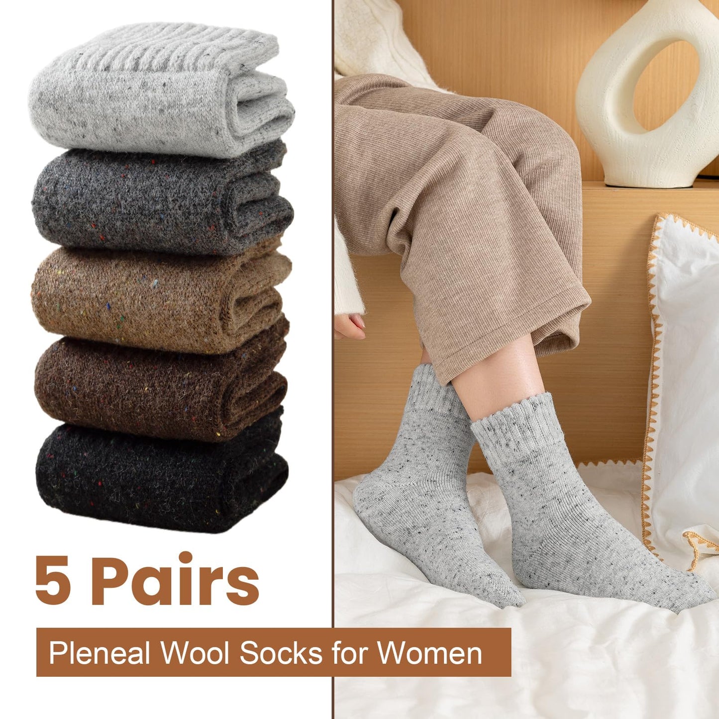 Pleneal Wool Socks for Women - 5 Pairs Womens Winter Wool Socks, Warm Winter Sock for Women Men Vintage Crew Sock Casual