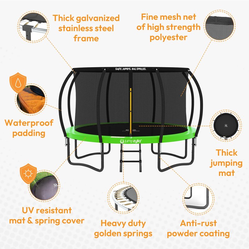 JUMPZYLLA Trampoline Outdoor 8FT 10FT 12FT 14FT 15FT 16FT with Enclosure and Ladder, ASTM Approved Recreational Trampoline for Kids and Adults, Anti-Rust Coated Frame (Green, 16FT)