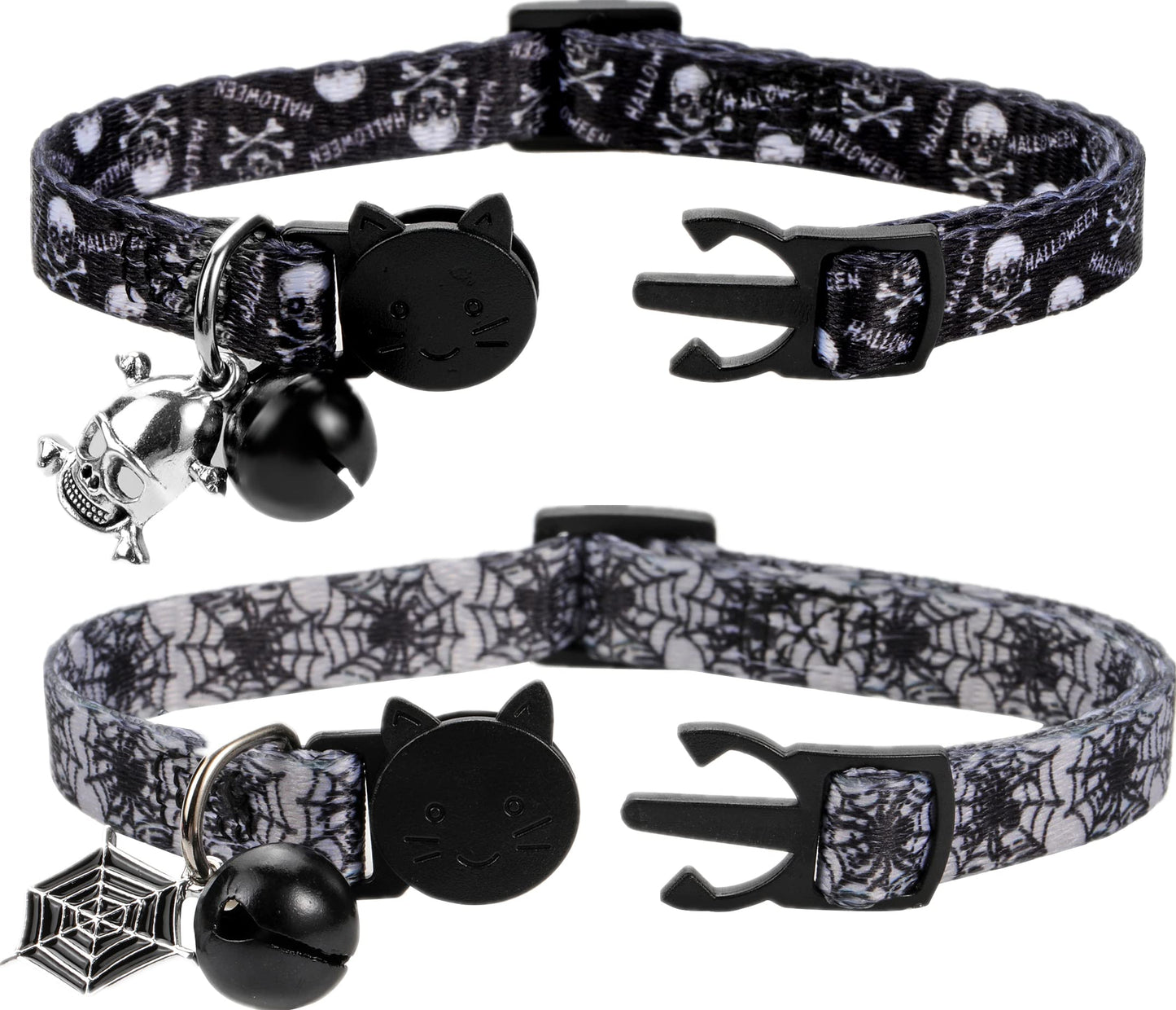 Cat Collar Halloween Set of 2, Skull Cat Collar for Small Dogs, Holiday Kitten Collar with Bell