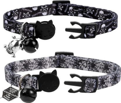 Cat Collar Halloween Set of 2, Skull Cat Collar for Small Dogs, Holiday Kitten Collar with Bell