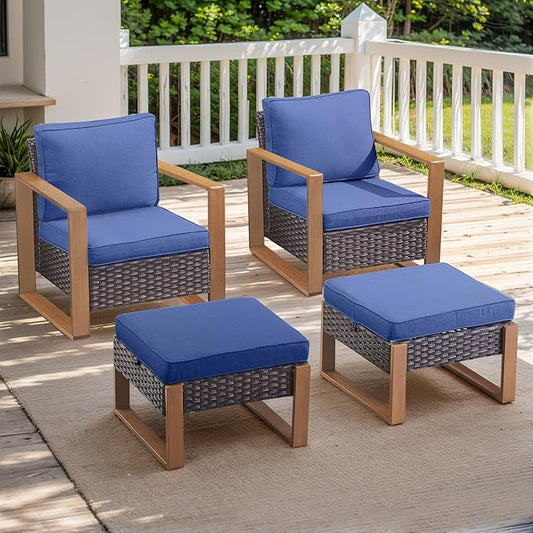 Rilyson Outdoor Wicker Patio Furniture Set - 4 Piece Patio Conversation Set with 2 Wicker Armrest Chairs,2 Rattan Ottoman, Sturdy Frame, Thick Cushions, Deep Seating(Brown/Blue)