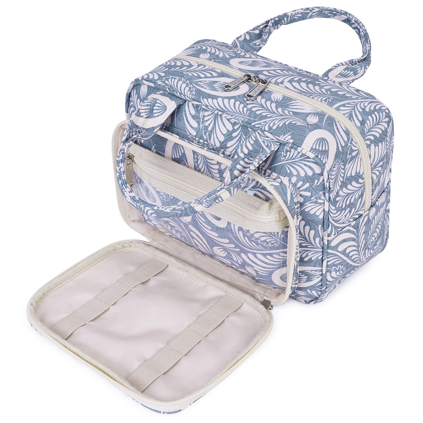 Narwey Full Size Toiletry Bag Large Wash Bag Makeup Bag Travel Organizer Cosmetic Bag for Women (Blue Leaf)