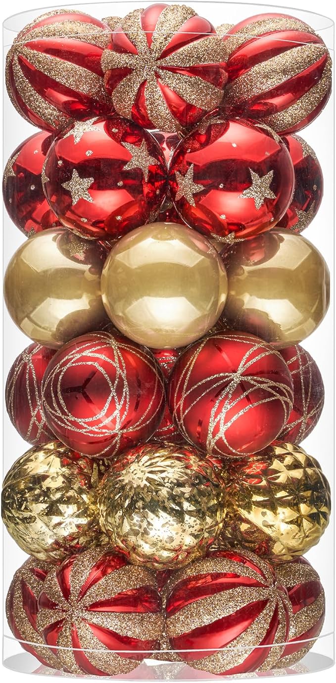 JORNOY Christmas Balls Ornaments, 30ct Shatterproof Xmas Tree Decorations, Hanging Bulbs Baubles Set with String for Holiday Home Party Decor, 2.36 inch/60mm, Red Gold