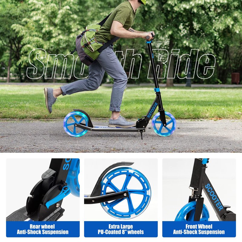 GYMAX Scooter for Adults, 220LBS Folding Aluminum Scooters with LED Flashing Wheels, Carrying Straps, Adjustable Handlebar & Kickstand, Quick Release Portable Kick Scooter for Teens, Youth (Black)