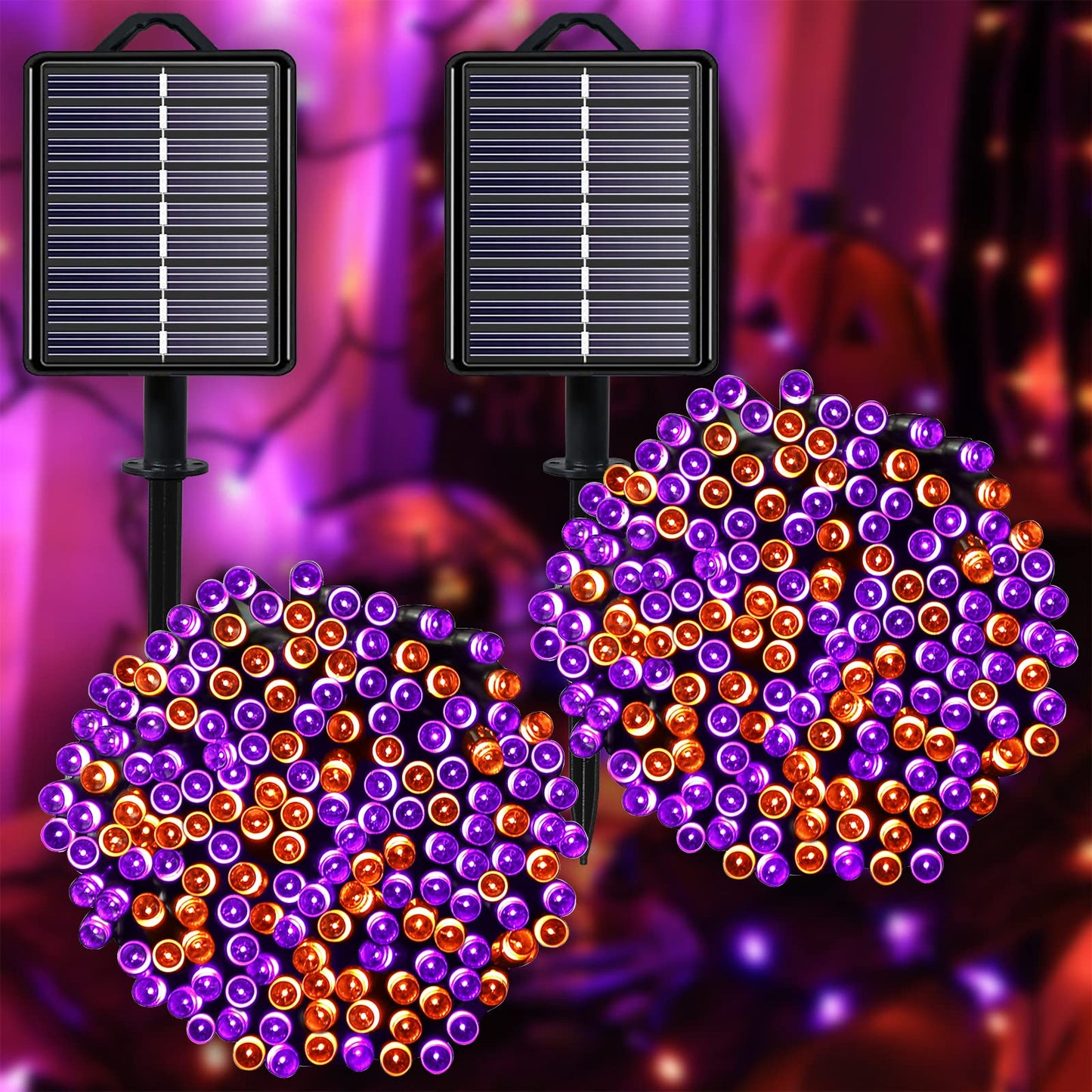 Halloween Decorations Outdoor Solar String Lights Orange & Purple, Outside 2Pack Total 144ft 400 LED 8 Modes with Timer, IP44 Waterproof Spooky Gothic Lights for Party, Patio, Tree, Garden Decor