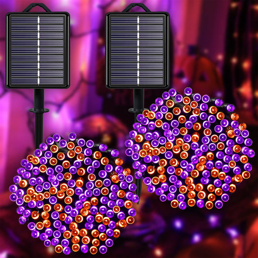 Halloween Decorations Outdoor Solar String Lights Orange & Purple, Outside 2Pack Total 144ft 400 LED 8 Modes with Timer, IP44 Waterproof Spooky Gothic Lights for Party, Patio, Tree, Garden Decor