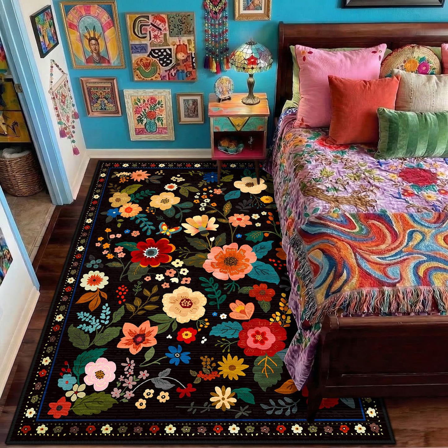 RELEANY Floral 5x7 Area Rugs Washable Print Boho Cute Carpet Non Slip Flower Low Pile for Living Room Bedroom Kitchen Office Farmhouse-Black