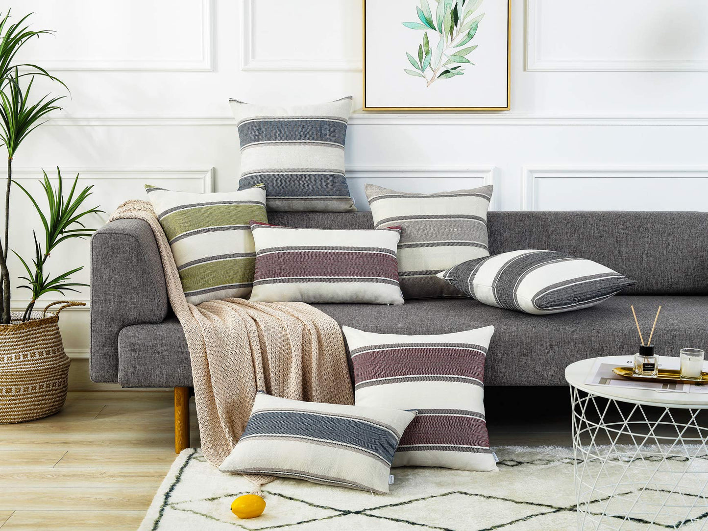 AmHoo Pack of 2 Farmhouse Linen Throw Pillow Cover Cushion Stripe Decoration Buffalo Retro Pillowcase with Hidden Zipper for Sofa Bedroom Car 24 x 24 Inch Blue