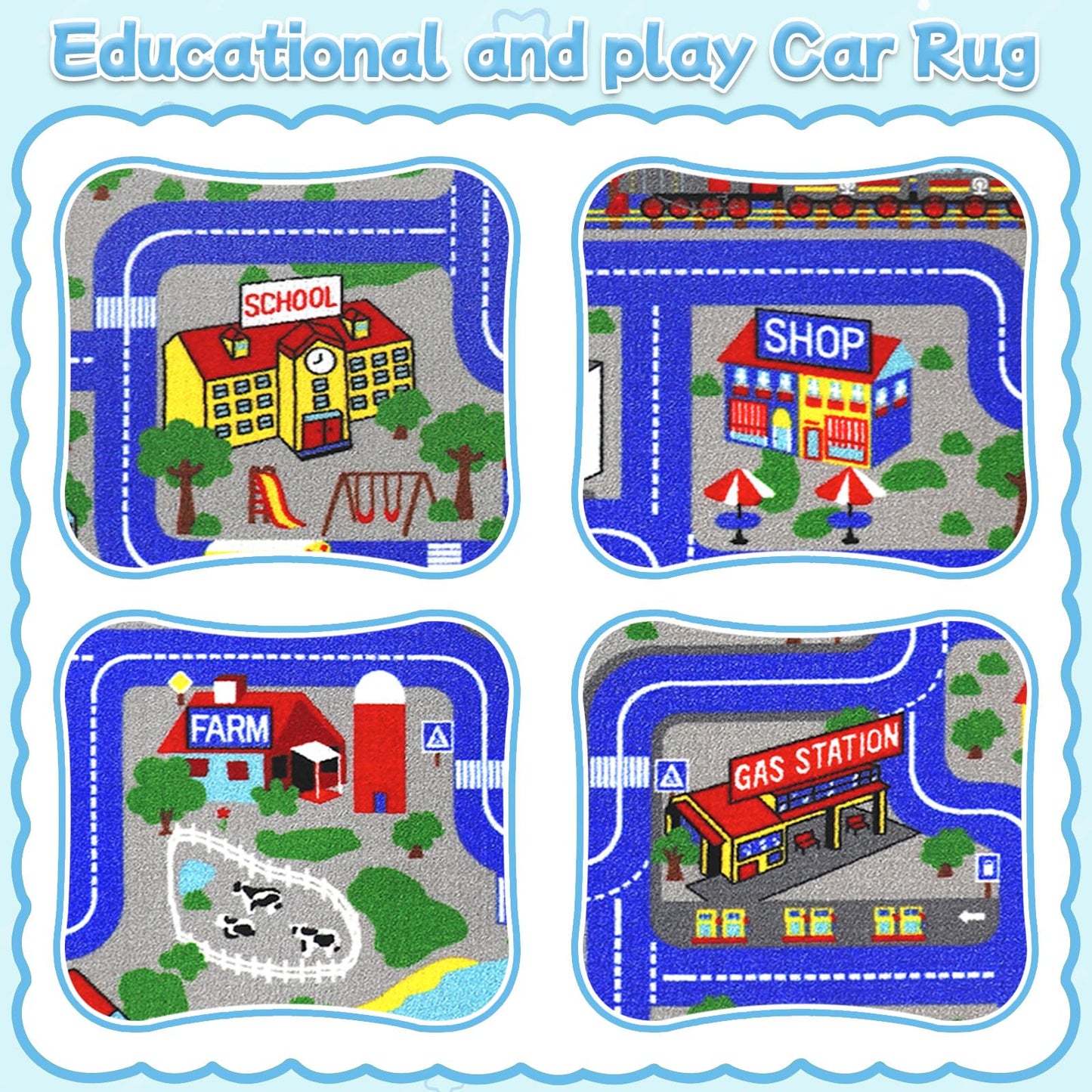 Ythropon Kids Rug Car Play Mat 6.6'x5.0',Blue Kids Rug for Toy Cars,Non-Slip Town City Map Carpet Play Mat,Traffic Road Kid Educational Learning Car Rugs for Children Room Playroom Nursery