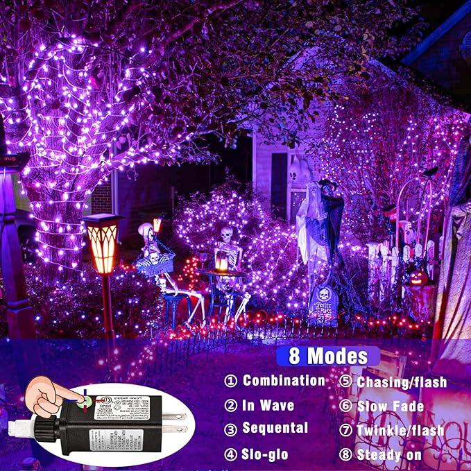 Vivideal 100 LED String Lights Outdoor Waterproof 33ft Purple String Lights Clear Wire with 8 Modes Plug in Purple Christmas Light for Tree Party Christmas Decorations