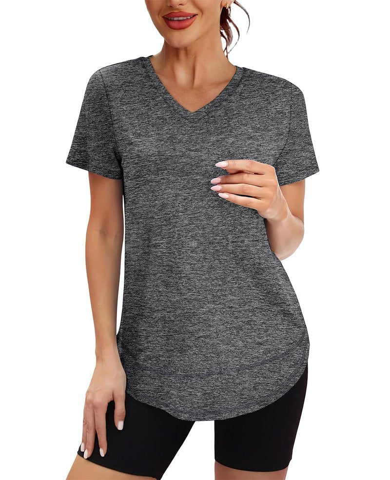 Short Sleeve Shirts for Women Workout Pilates Outfits Tennis Summer Tops 2026 Beach Vacation Clothes V Neck Dark Grey M