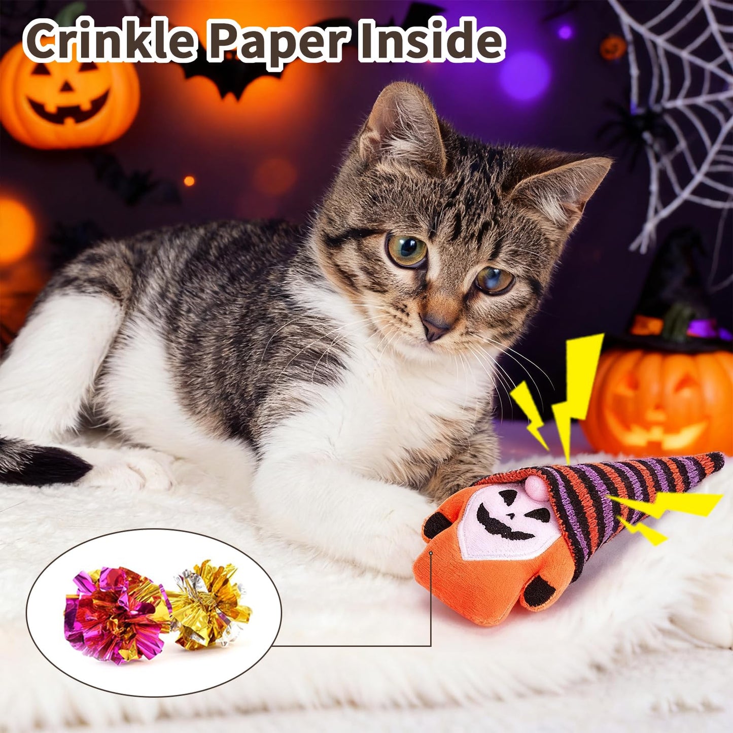 Retro Shaw Cat Toys, Halloween Gnomes 3Pcs, Crinkle Sound Catnip Toys for Indoor Cats Kitten, Interactive Cat Nip Chew Kitty Kicker Toy for All Breeds
