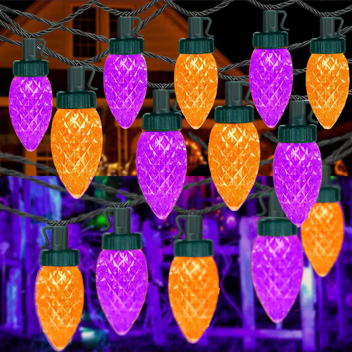KAQ 2PK 100LED Orange and Purple C9 Halloween Lights Waterproof Indoor Outdoor, Extendable 98FT String Lights Plug in with 13 Lighting Modes, Halloween Decorations for Party Patio, Outside Yard Decor