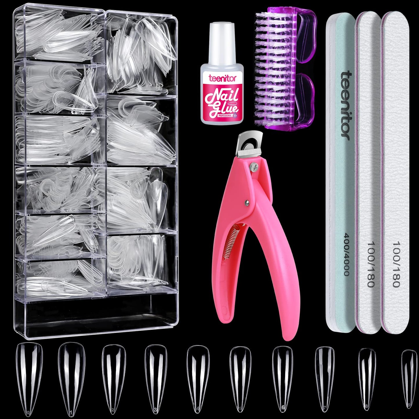 Teenitor Clear Coffin Nail Tips Set, Long Acrylic Nail Kit Full Cover Clear Press On Nails, 600 Pcs Fake Nails with Glue, Acrylic Nail Clipper Files and Buffer Polisher