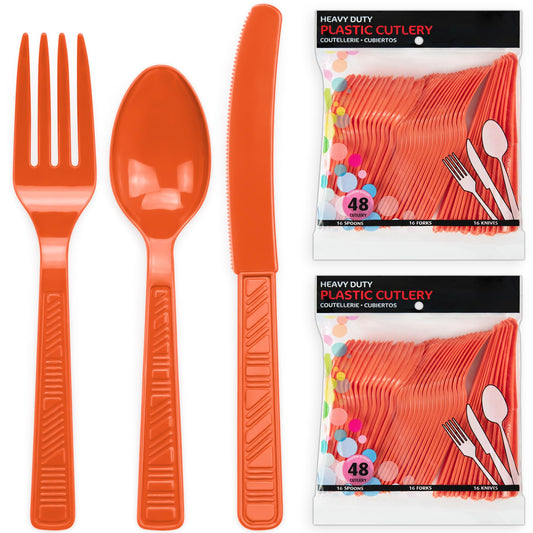 DecorRack Plastic Cutlery Set, Orange Colored Plastic Silverware Sets for Parties, 96 Piece Bulk Heavy Duty Utensils (Orange, 96 Pieces)