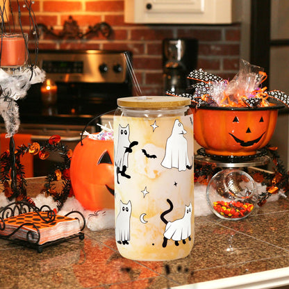 Joyseller Halloween Glass Cup, 18oz Cute Ghost Cat Iced Coffee Can Glass Tumbler with Lid and Straw, Halloween Spooky Gifts for Her Him