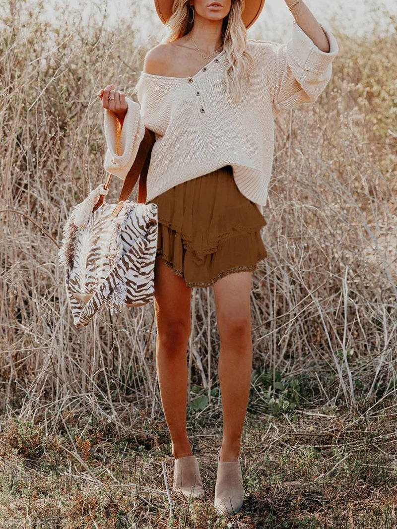 Aoudery Flowy Shorts for Women Casual Boho Ruffle Tiered Skorts High Waist Mini Skirts Golf Tennis Butterfly Crochet Shorts - Brown XS