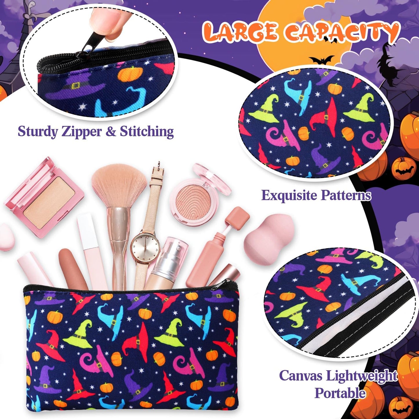 SilTriangle 24 Pieces Makeup Bags Bulk Canvas Cosmetic Bags Purse Organizer Zipper Cosmetic Pouch Portable Travel Toiletry Pouch for Women Men Gifts, 7 x 4 Inch (Halloween)