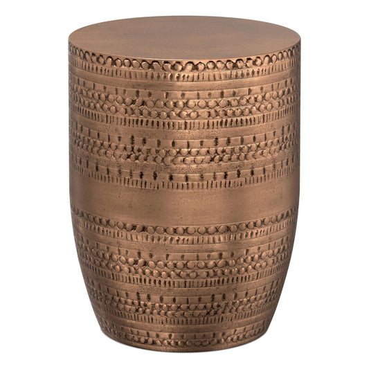 SIMPLIHOME Johnsen Metal Table - 15" Wide x 20" High Solid Iron Drum Accent Table in Antique Copper with Tribal Pattern, Round Boho End Table for Living Room, Bedroom, or Home Office, Fully Assembled