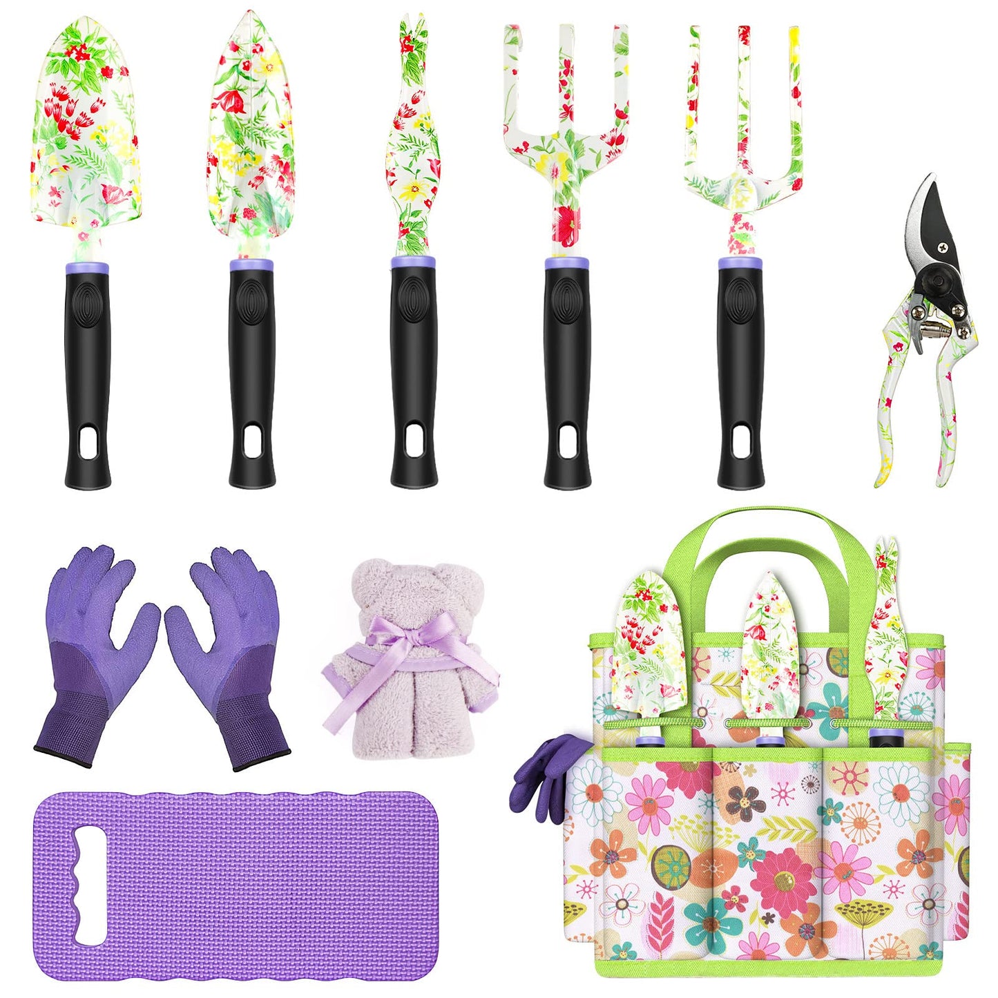 JUMPHIGH Gardening Tool Set, 10 PCS Heavy Duty Aluminum Garden Kit Floral Gardening Gifts for Women, Garden Hand Tools with Non-Slip Rubber Handle, Kneeling Pad, Garden Gloves and Storage Tote Bag