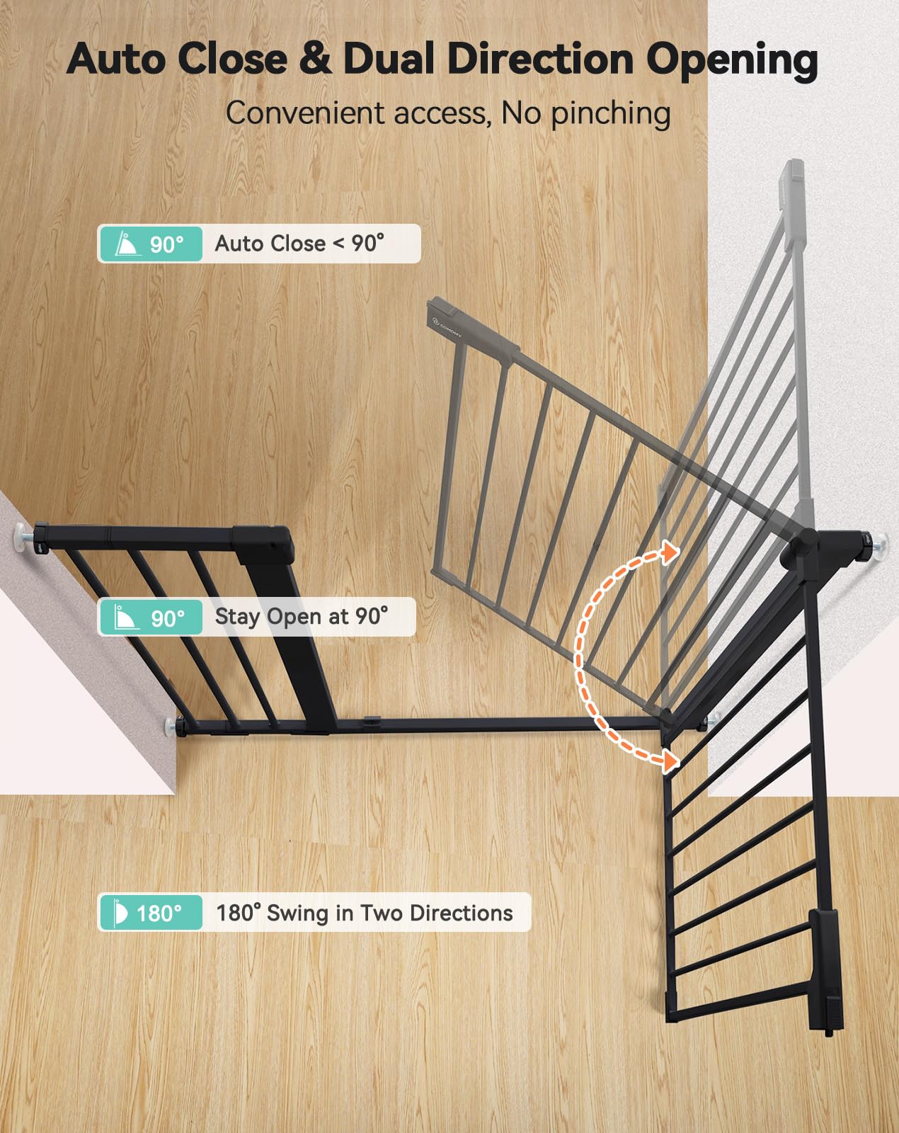COMOMY 91.5cm Extra Tall Baby Gate for Stairs Doorways, Fits Openings 75-103cm Wide, Auto Close Sturdy Safety Dog Gate for House, Pressure Fit Easy Walk Through Pet Gate with Door, Black