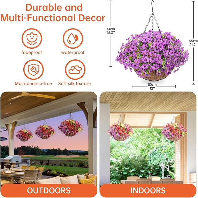 Artificial Hanging Faux Flowers Basket, Fake Silk Daisy Eucalyptus Plants Arrangement,for Spring Summer Outdoor Decoration,UV Resistant, Coconut Planter,Look Real for Home Garden Decor (Purple)