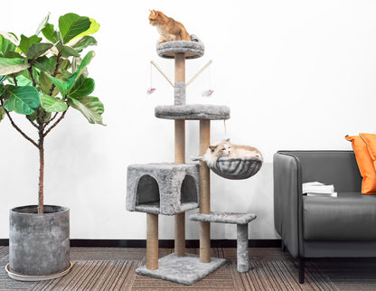 Cat Tree, 145cm Stable Cat Scratching Post for Indoor Cats, Multi-Level Cat Climbing Tower with Posts Fully Wrapped in Natural Sisal Rope, Suitable for Kitty Kitten