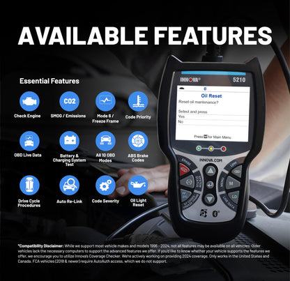 Innova 5210 OBD2 Scanner & Engine Code Reader, Battery Tester, Live Data, Oil Reset, Car Diagnostic Tool for Most Vehicles, Bluetooth Compatible with America's Top Car Repair App