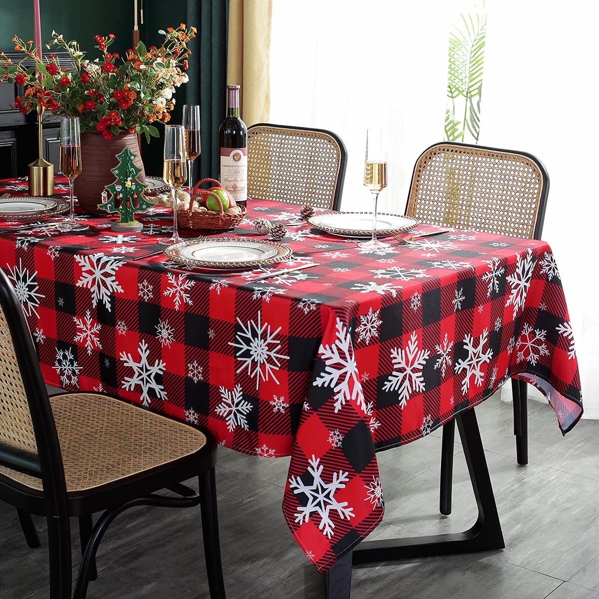Christmas Tablecloth Rectangle, Plaid Table Cloth with Snowflake Decorations, Heavy Weight & Spillproof Table Cover for Dining, Party & Holidays (Snow Patterns, Rectangle, 52" x 70" (4-6 Seats))