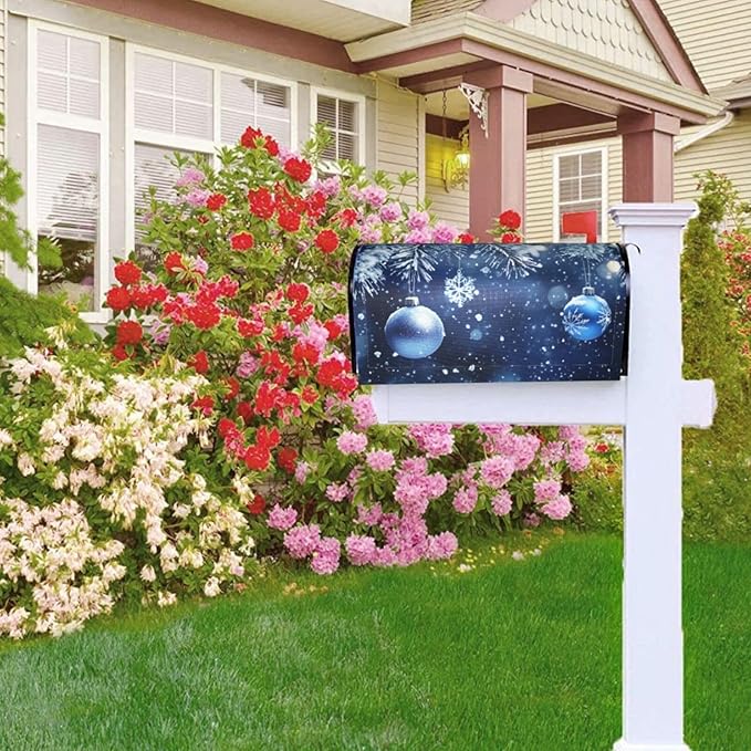 Festive Magnetic Mailbox Cover Blue Ball Christmas Pattern Outdoor Mailbox Protector Holiday Seasonal Decorative Garden Yard Home Large Size 25.5 x 21 Inch